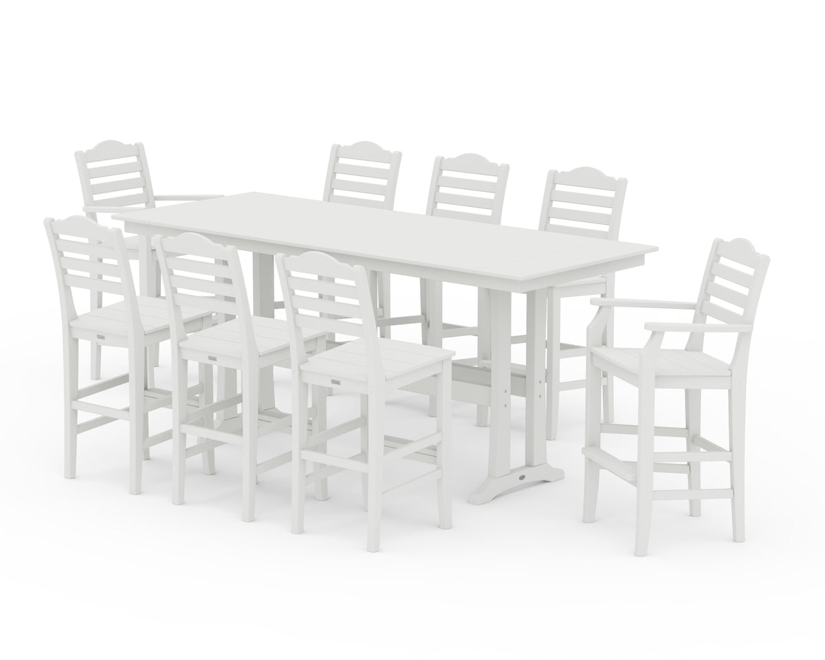 POLYWOOD Savannah 9-Piece Farmhouse Bar Set with Trestle Legs in Vintage White