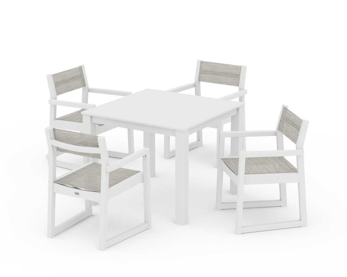 POLYWOOD EDGE Sling Arm Chair 5-Piece Parsons Dining Set in White / Birch