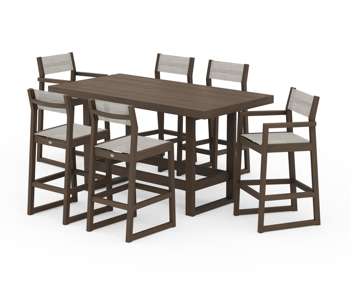 POLYWOOD EDGE Sling 7-Piece Bar Table Set in Kona / Birch