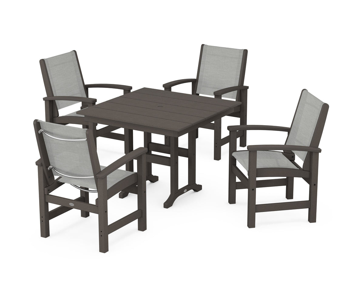POLYWOOD Coastal 5-Piece Farmhouse Dining Set with Farmhouse 37" Dining Table in Vintage Coffee / Metallic