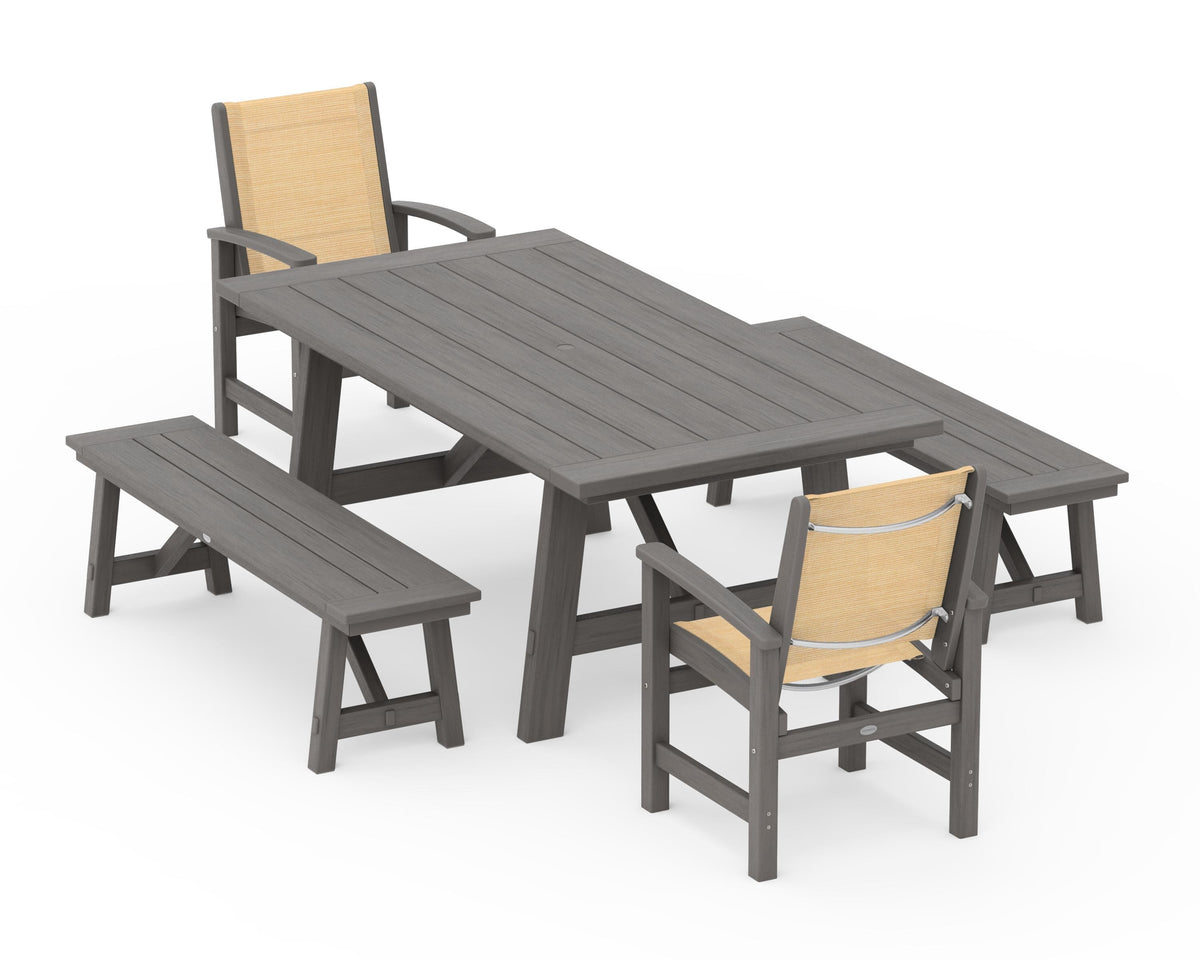 POLYWOOD Coastal 5-Piece Rustic Farmhouse Dining Set With Benches in Driftwood / Dupioni Apricot