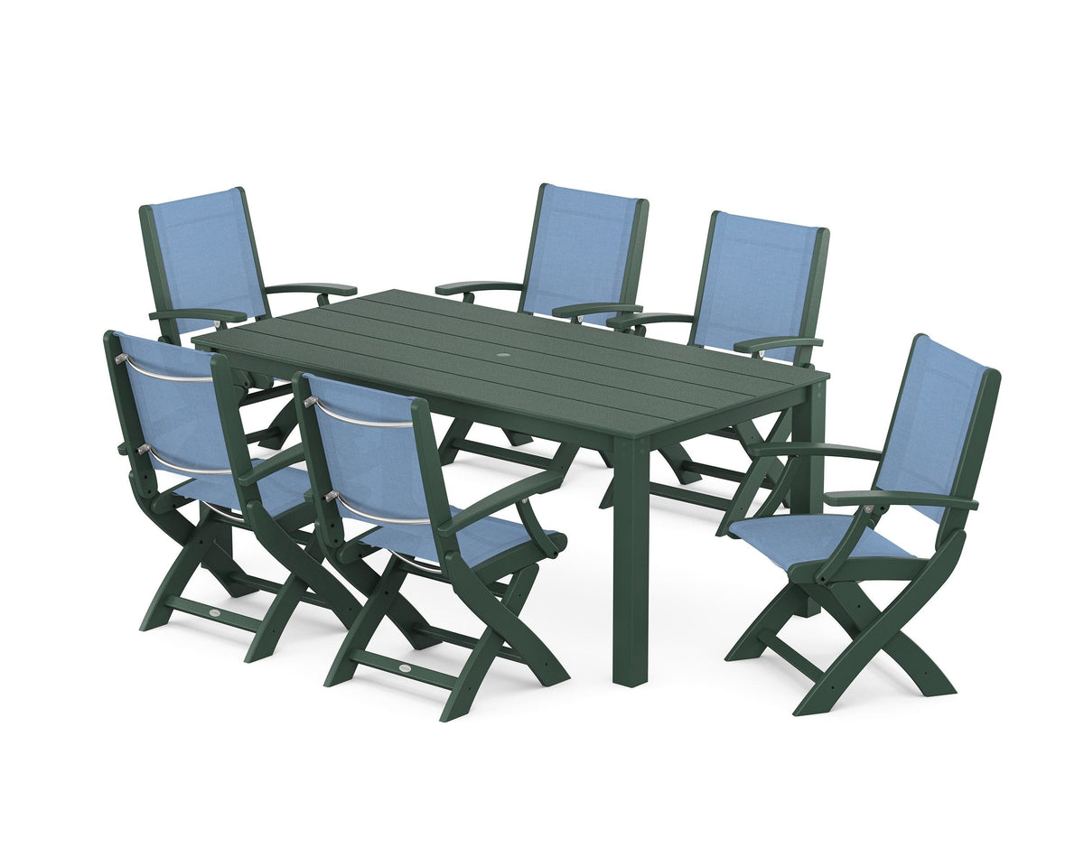 POLYWOOD Coastal Folding Chair 7-Piece Parsons Dining Set in Green / Poolside