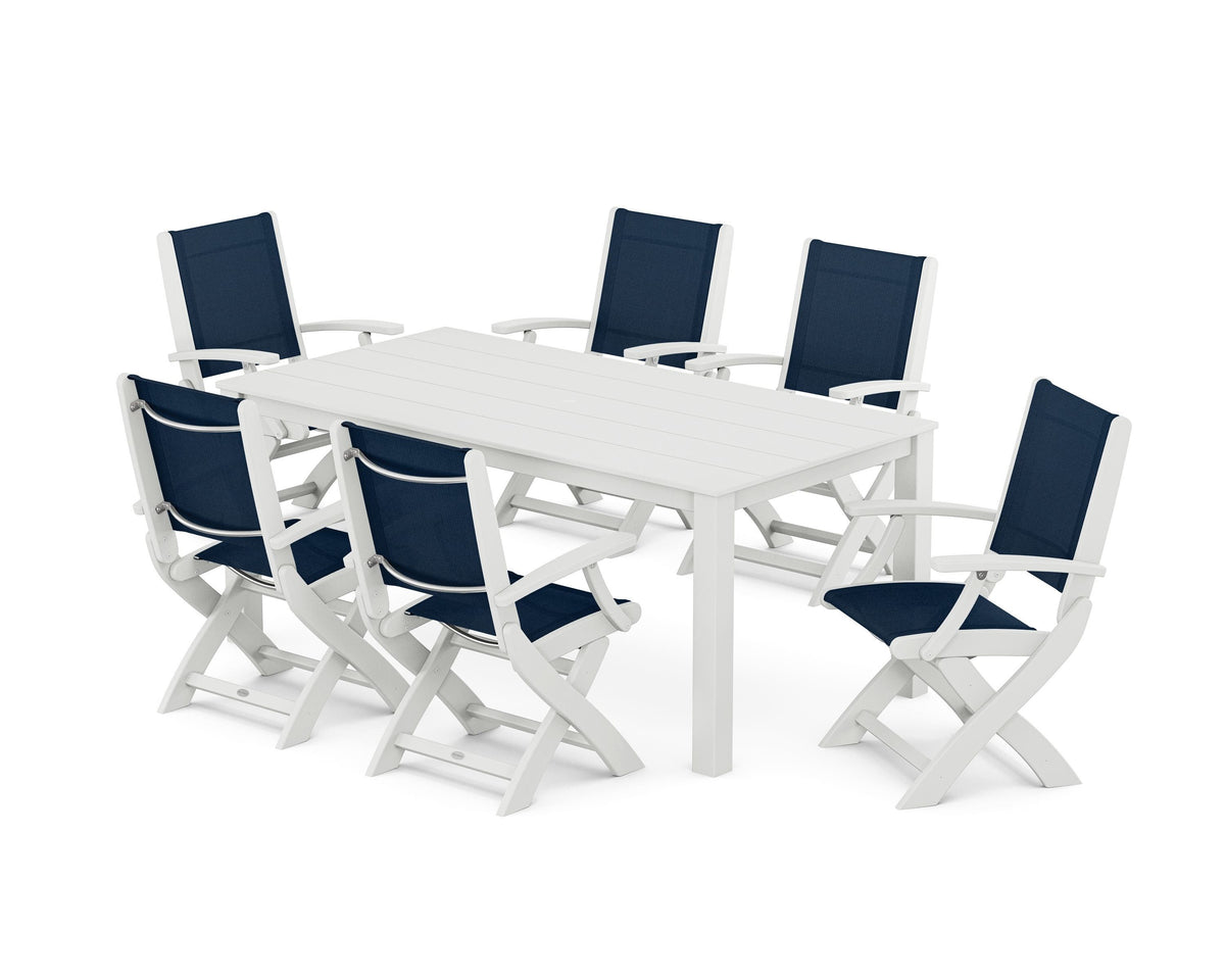 POLYWOOD Coastal Folding Chair 7-Piece Parsons Dining Set in White / Navy Blue