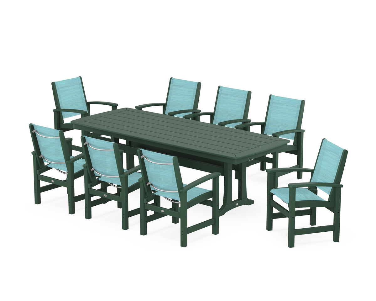 POLYWOOD Coastal 9-Piece Dining Set with Trestle Legs in Green / Dupioni Aquamarine