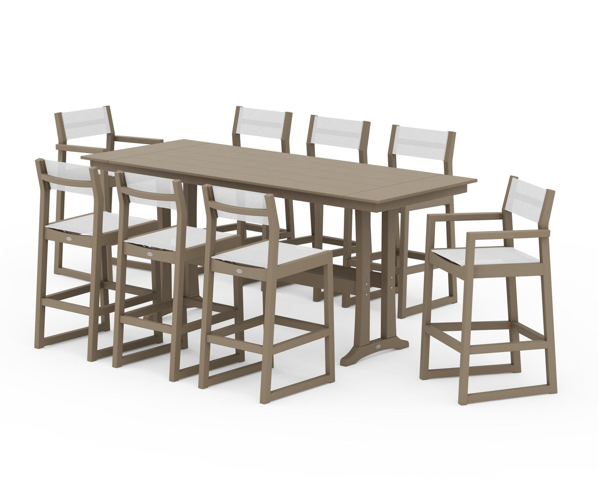 POLYWOOD EDGE Sling 9-Piece Farmhouse Bar Set with Trestle Legs in Vintage Sahara / White