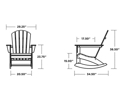 POLYWOOD Nautical Adirondack Rocking Chair dimension drawing with width, depth and height measurements
