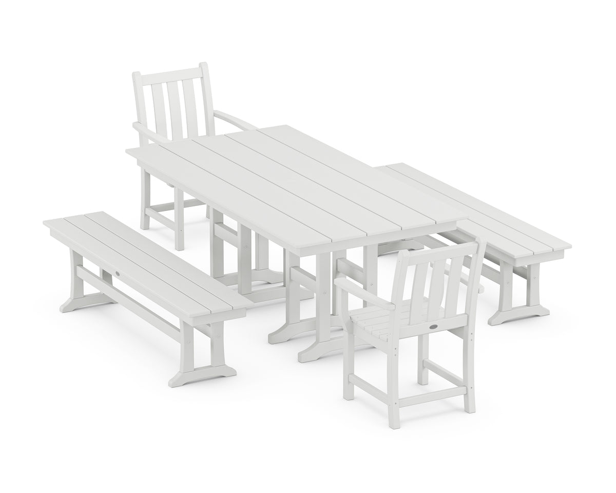 POLYWOOD Traditional Garden 5-Piece Farmhouse Dining Set with Benches in White