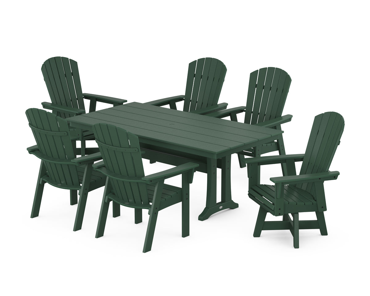 POLYWOOD Nautical Curveback Adirondack Swivel Chair 7-Piece Farmhouse Dining Set with Trestle Legs in Green