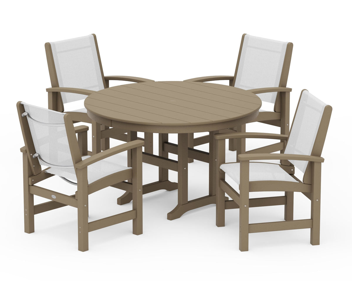 POLYWOOD Coastal 5-Piece Round Farmhouse Dining Set in Vintage Sahara / White