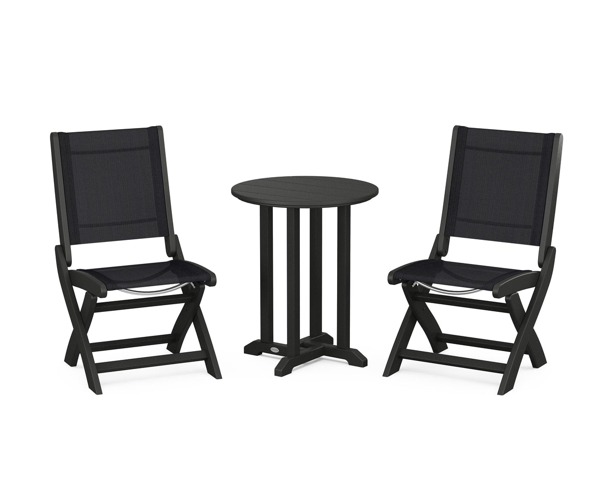 POLYWOOD Coastal Folding Side Chair 3-Piece Round Bistro Dining Set in Black / Black