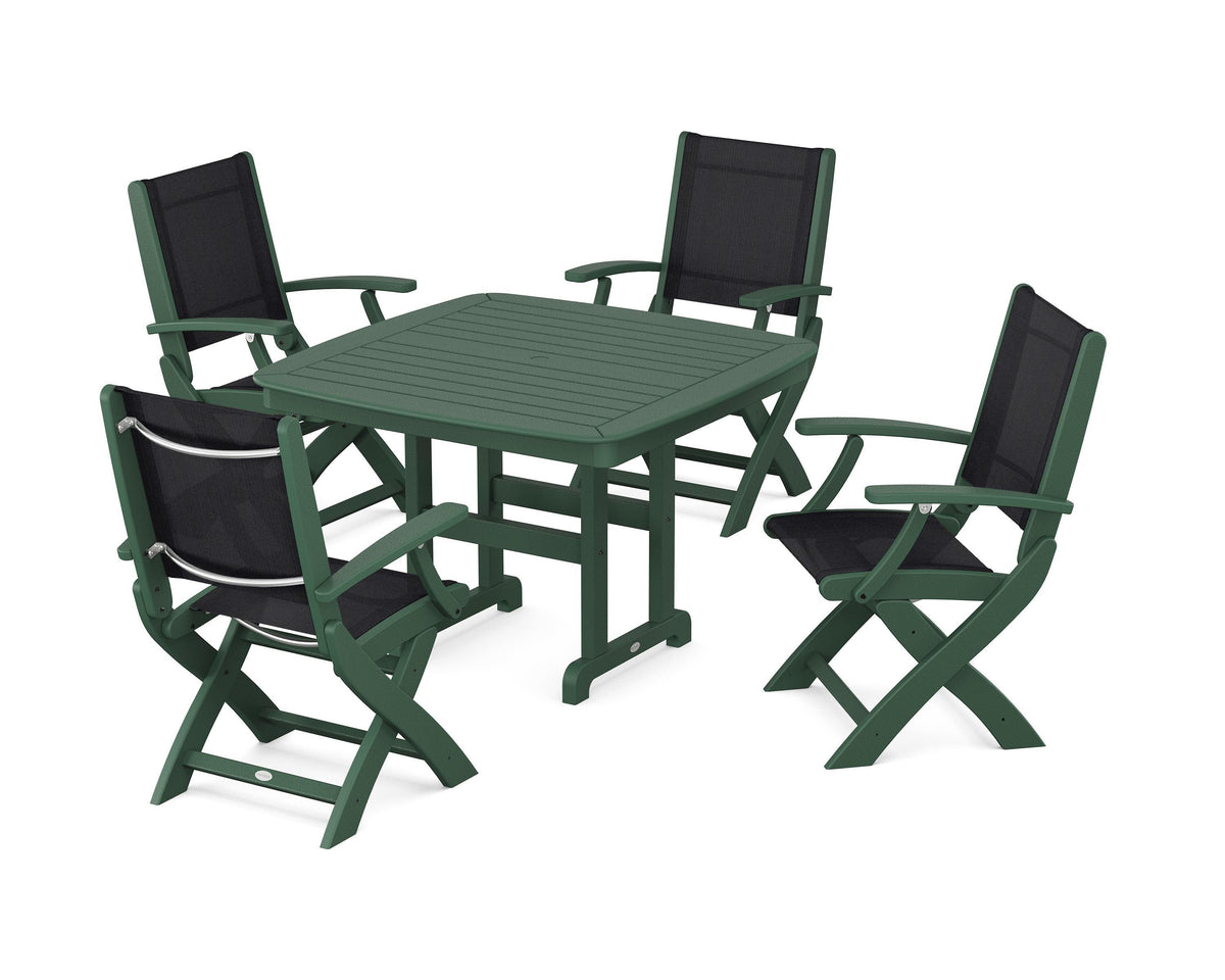 POLYWOOD Coastal Folding Chair 5-Piece Dining Set with Nautical 44" Dining Table in Green / Black