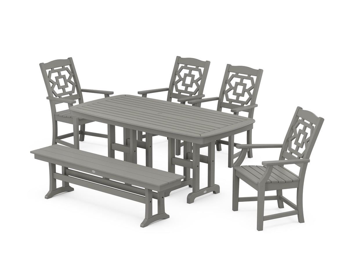 POLYWOOD Chinoiserie 6-Piece Dining Set with Bench in Slate Grey