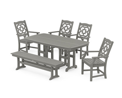 POLYWOOD Chinoiserie 6-Piece Dining Set with Bench in Slate Grey
