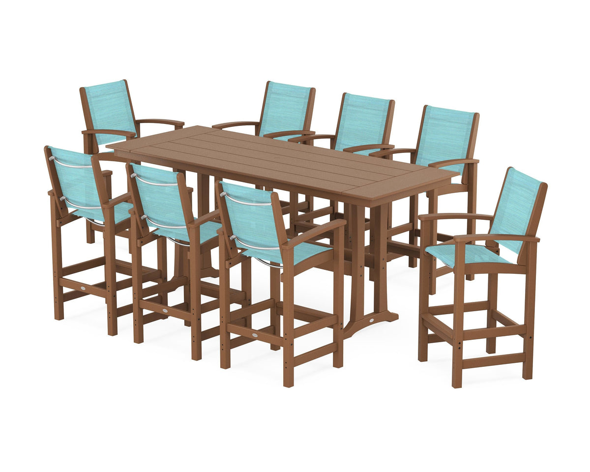 POLYWOOD Coastal 9-Piece Farmhouse Bar Set with Trestle Legs in Teak / Dupioni Aquamarine