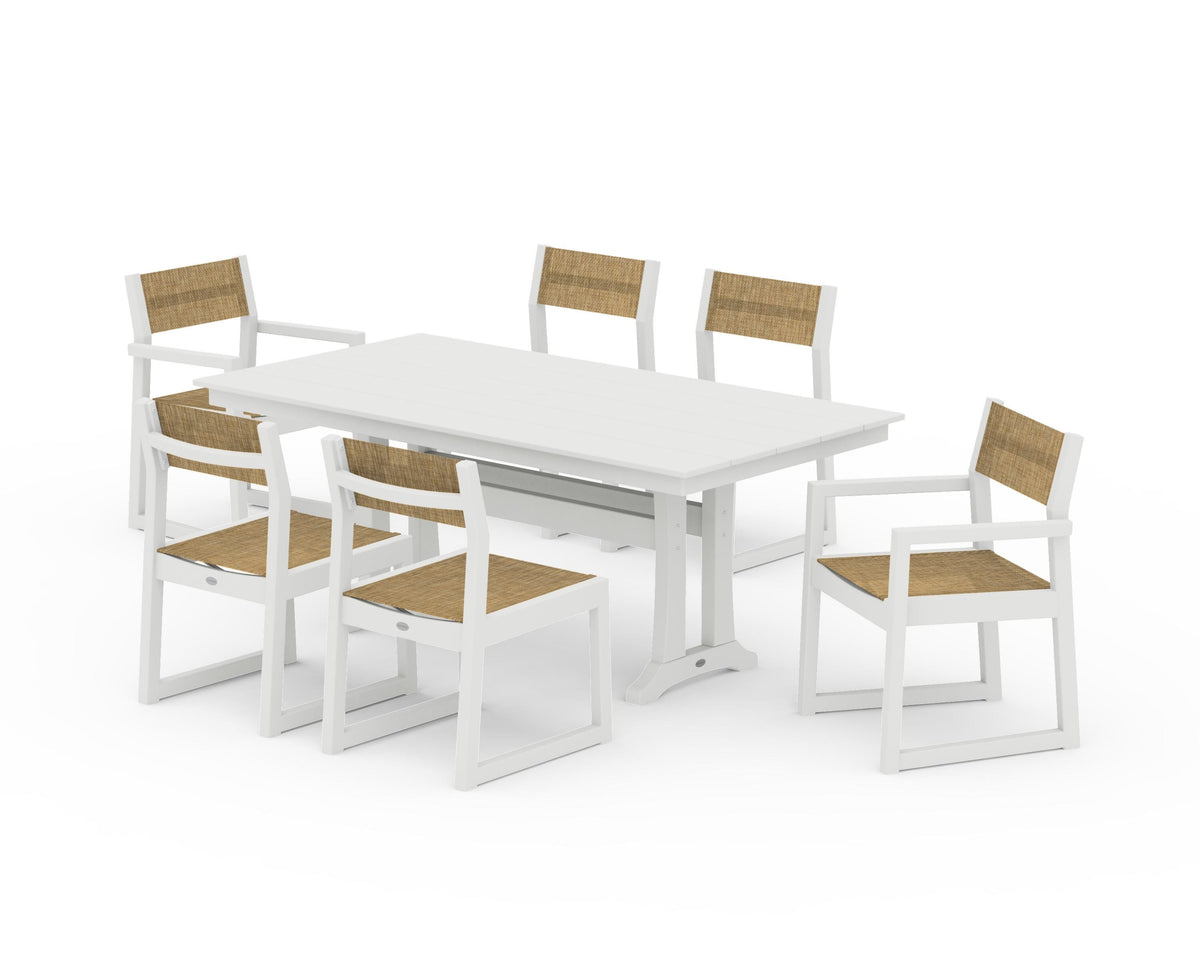 POLYWOOD EDGE Sling 7-Piece Farmhouse Trestle Dining Set in Vintage White / Burlap