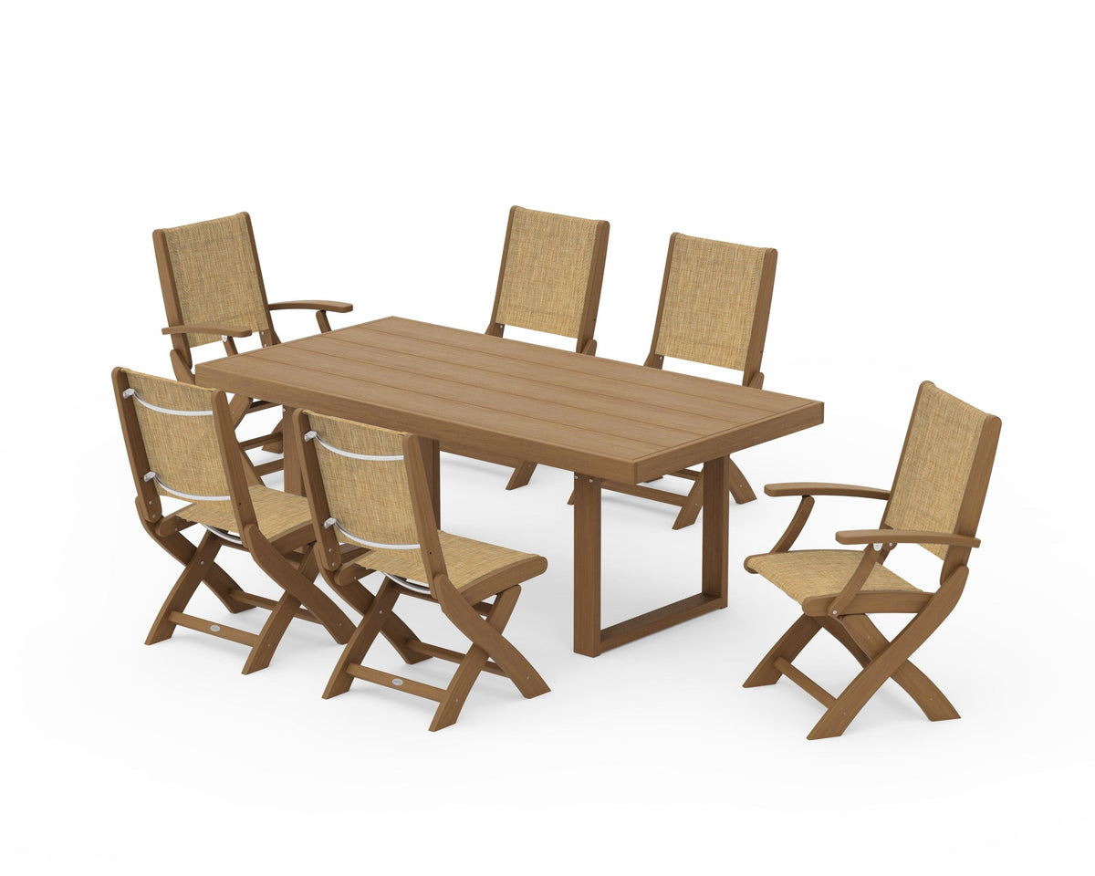 POLYWOOD Coastal Folding Chair 7-Piece Dining Set with Trestle Legs with EDGE 40" x 78" Dining Table in Natural / Burlap