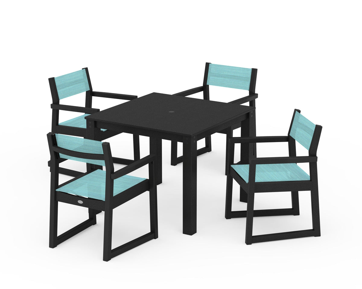 POLYWOOD EDGE Sling Arm Chair 5-Piece Parsons Dining Set in Black / Dupioni Aquamarine
