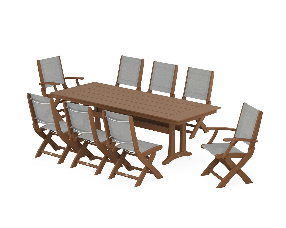 POLYWOOD Coastal 9-Piece Folding Dining Chair Farmhouse Dining Set with Trestle Legs in Teak / Metallic