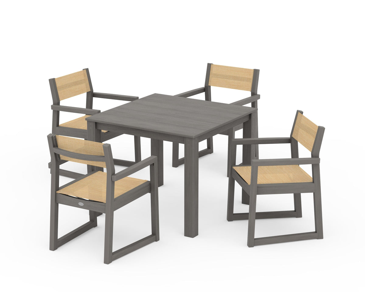 POLYWOOD EDGE Sling Arm Chair 5-Piece Parsons Dining Set in Driftwood / Dupioni Apricot