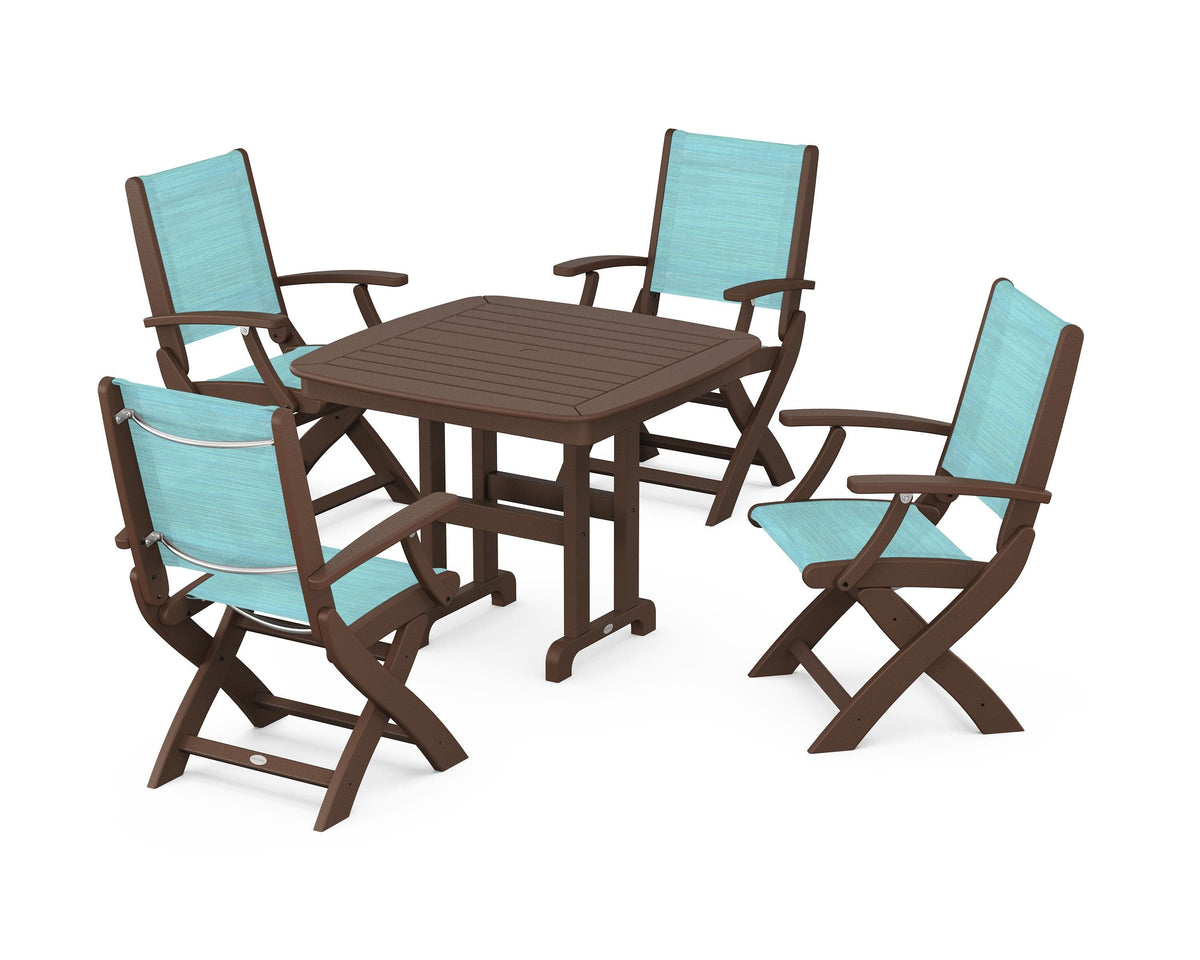 POLYWOOD Coastal Folding Chair 5-Piece Dining Set with Nautical 37" Dining Table in Mahogany / Dupioni Aquamarine