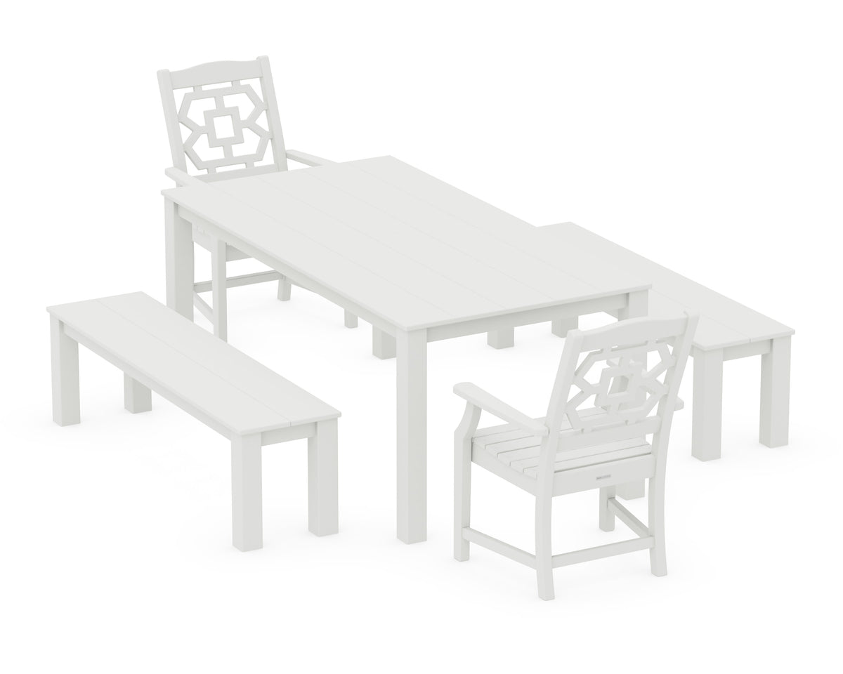 POLYWOOD Chinoiserie 5-Piece Parsons Dining Set with Benches in Vintage White