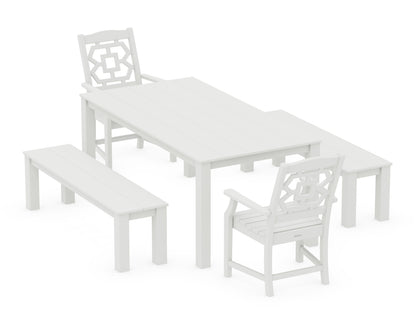 POLYWOOD Chinoiserie 5-Piece Parsons Dining Set with Benches in Vintage White
