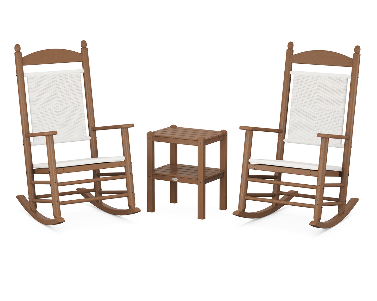 POLYWOOD Jefferson 3-Piece Woven Rocker Set in Teak / White Loom