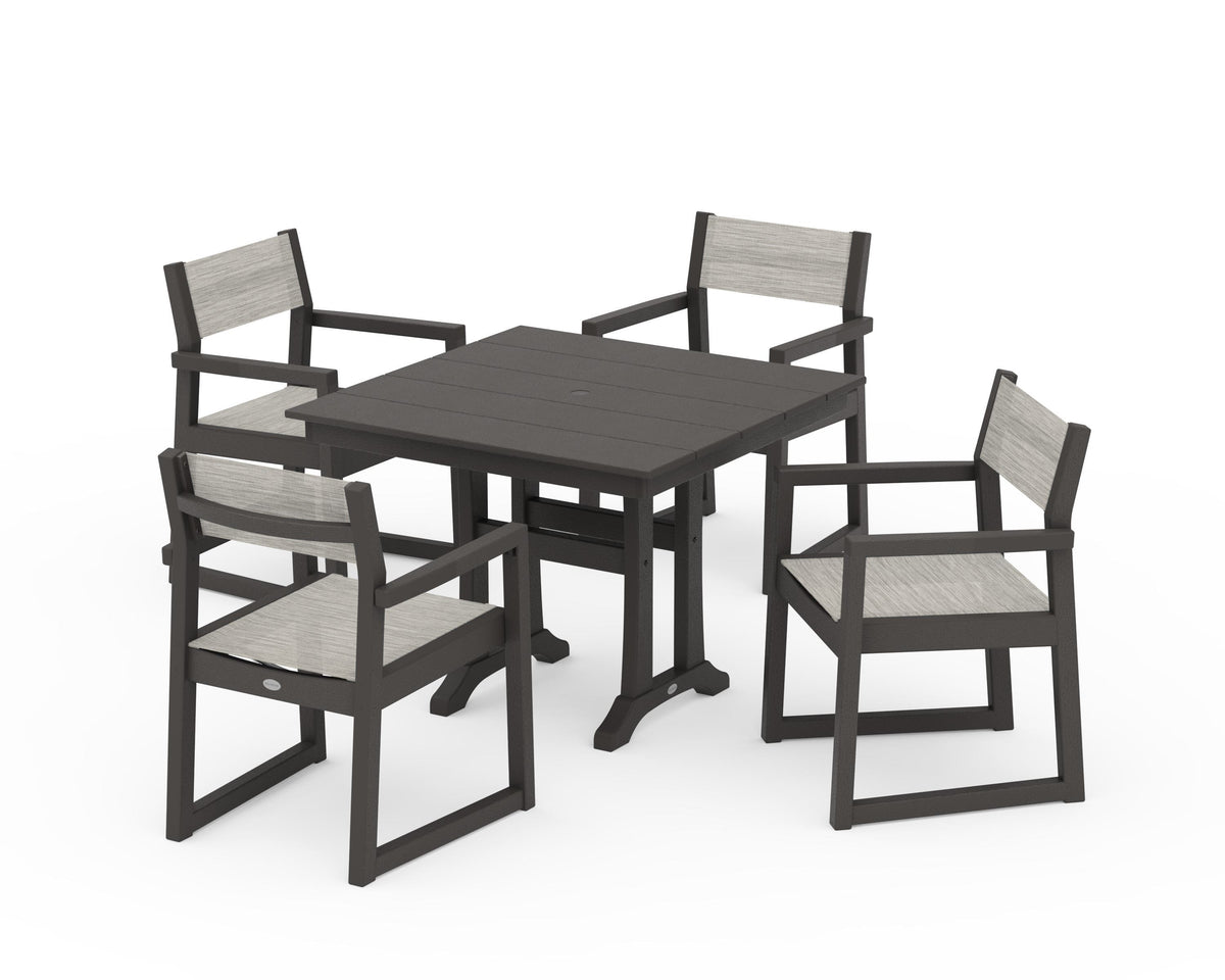 POLYWOOD EDGE Sling 5-Piece Farmhouse Dining Set with Trestle Legs in Vintage Coffee / Birch
