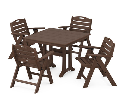 POLYWOOD Nautical Folding Lowback Chair 5-Piece Farmhouse Dining Set with Trestle Legs - 37" Table in Mahogany