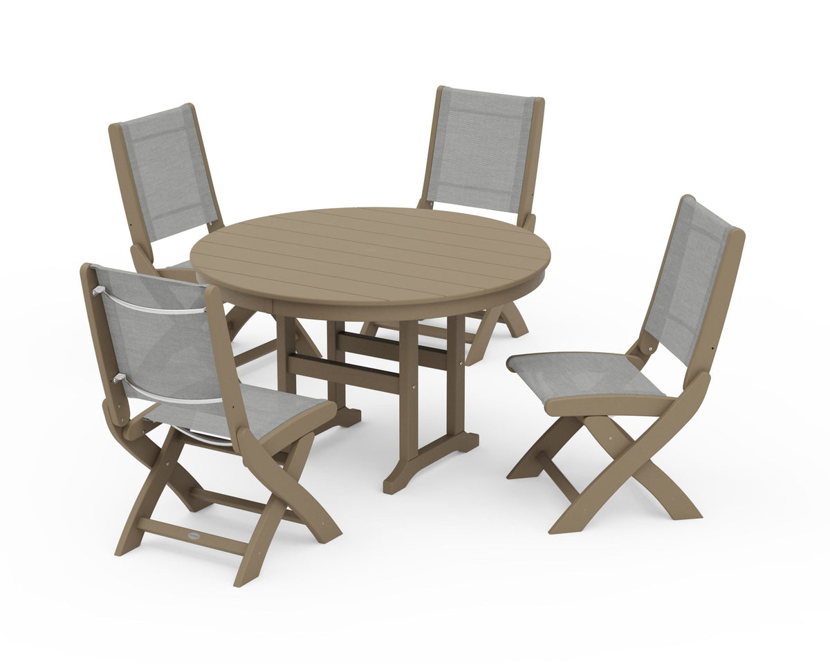 POLYWOOD Coastal Folding Side Chair 5-Piece Round Dining Set in Vintage Sahara / Metallic
