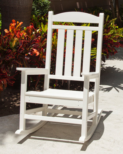 POLYWOOD Presidential 3-Piece Rocker Set with Round Side Table in White styled outdoors