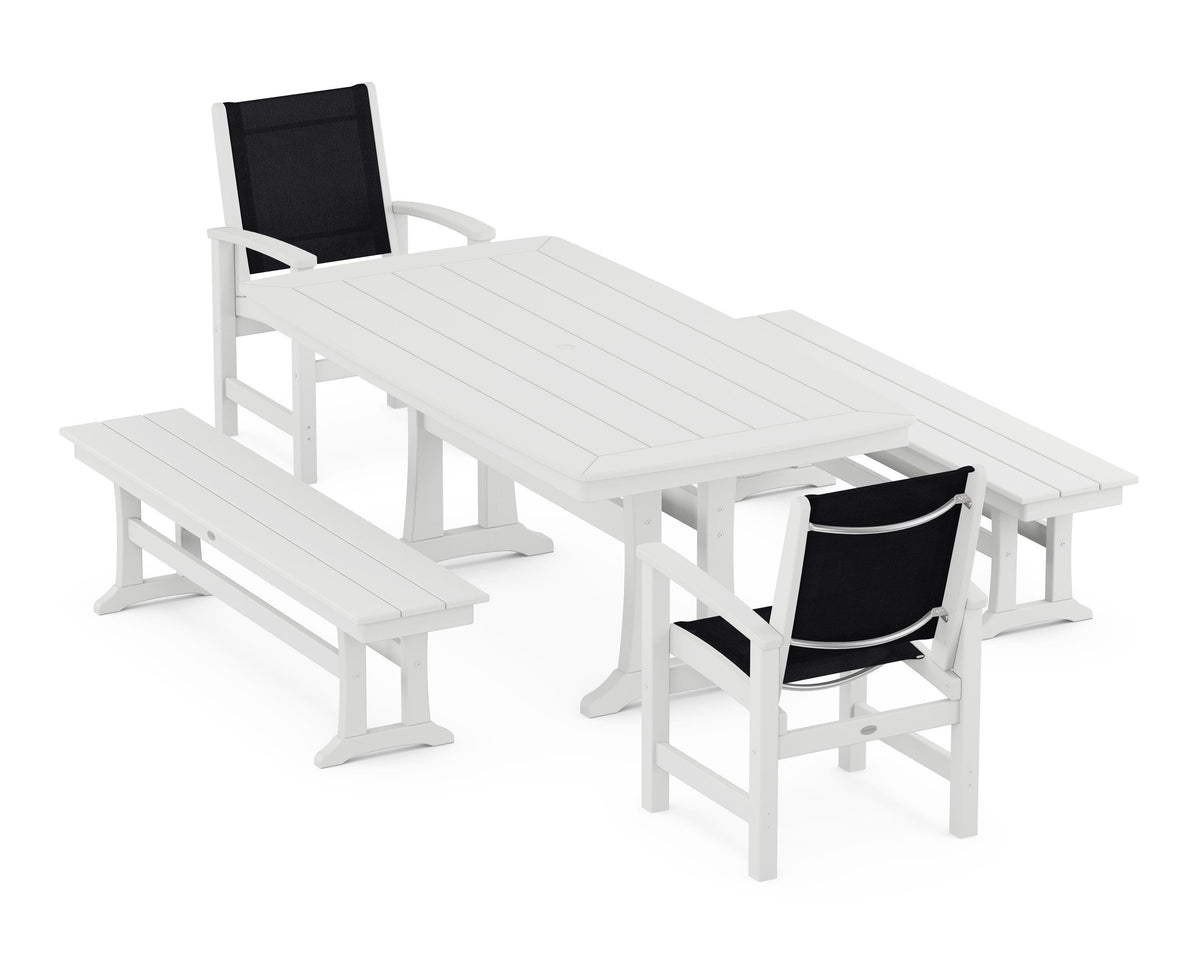 POLYWOOD Coastal 5-Piece Dining Set with Trestle Legs and Benches in White / Black