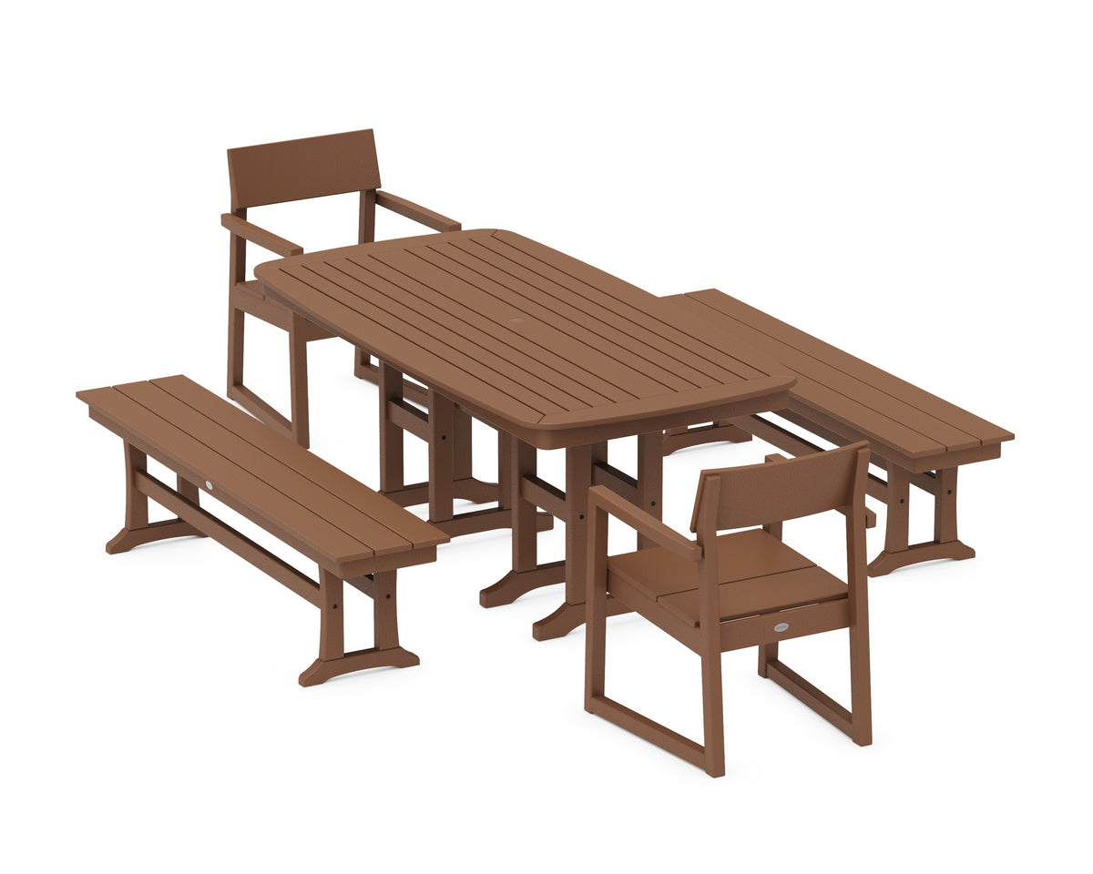 POLYWOOD EDGE 5-Piece Dining Set with Benches (Nautical 37" x 72" Table) in Teak