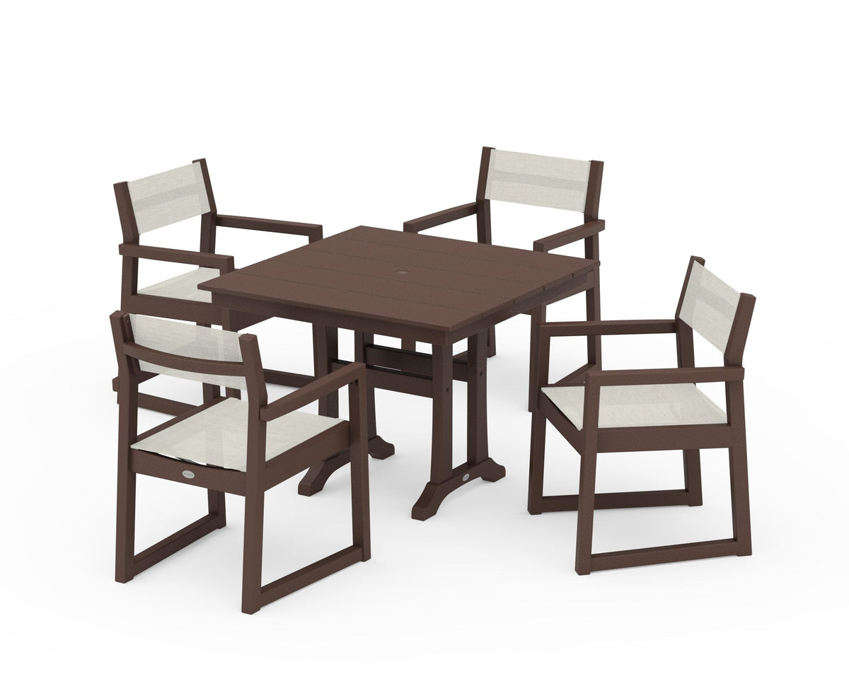 POLYWOOD EDGE Sling 5-Piece Farmhouse Dining Set with Trestle Legs in Mahogany / Parchment