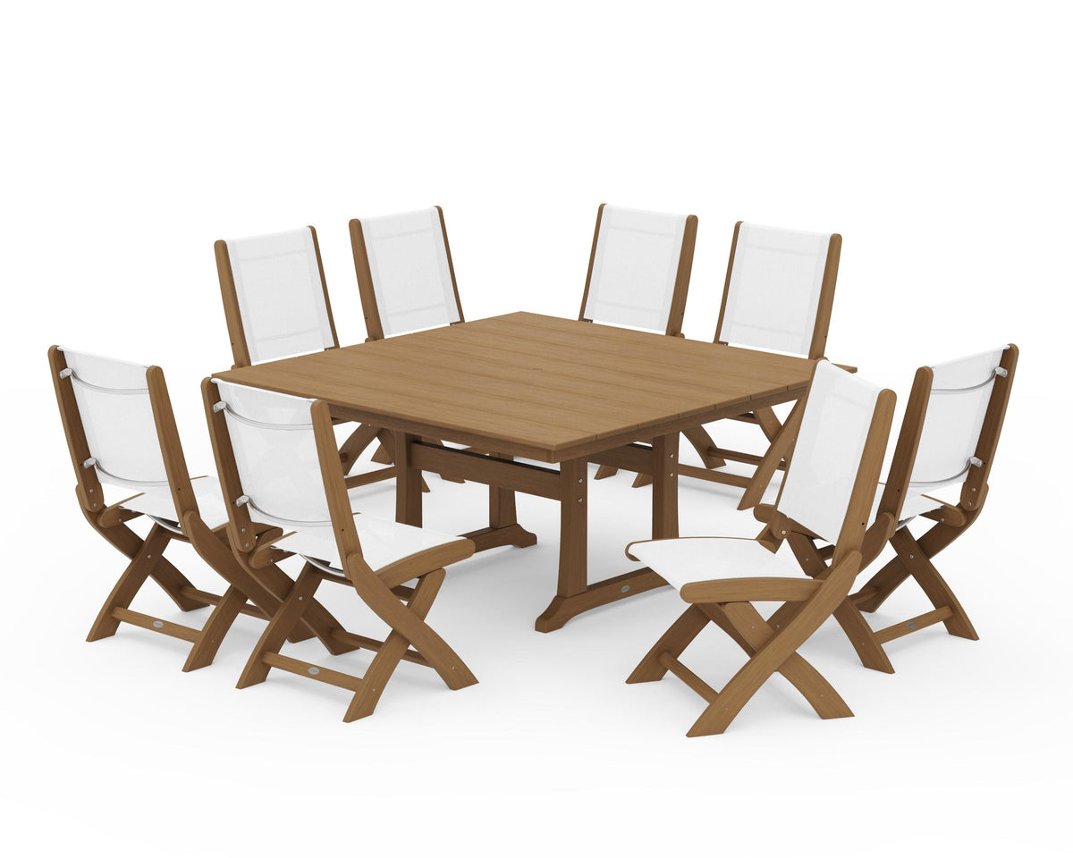 POLYWOOD Coastal Folding Side Chair 9-Piece Farmhouse Dining Set in Natural / White