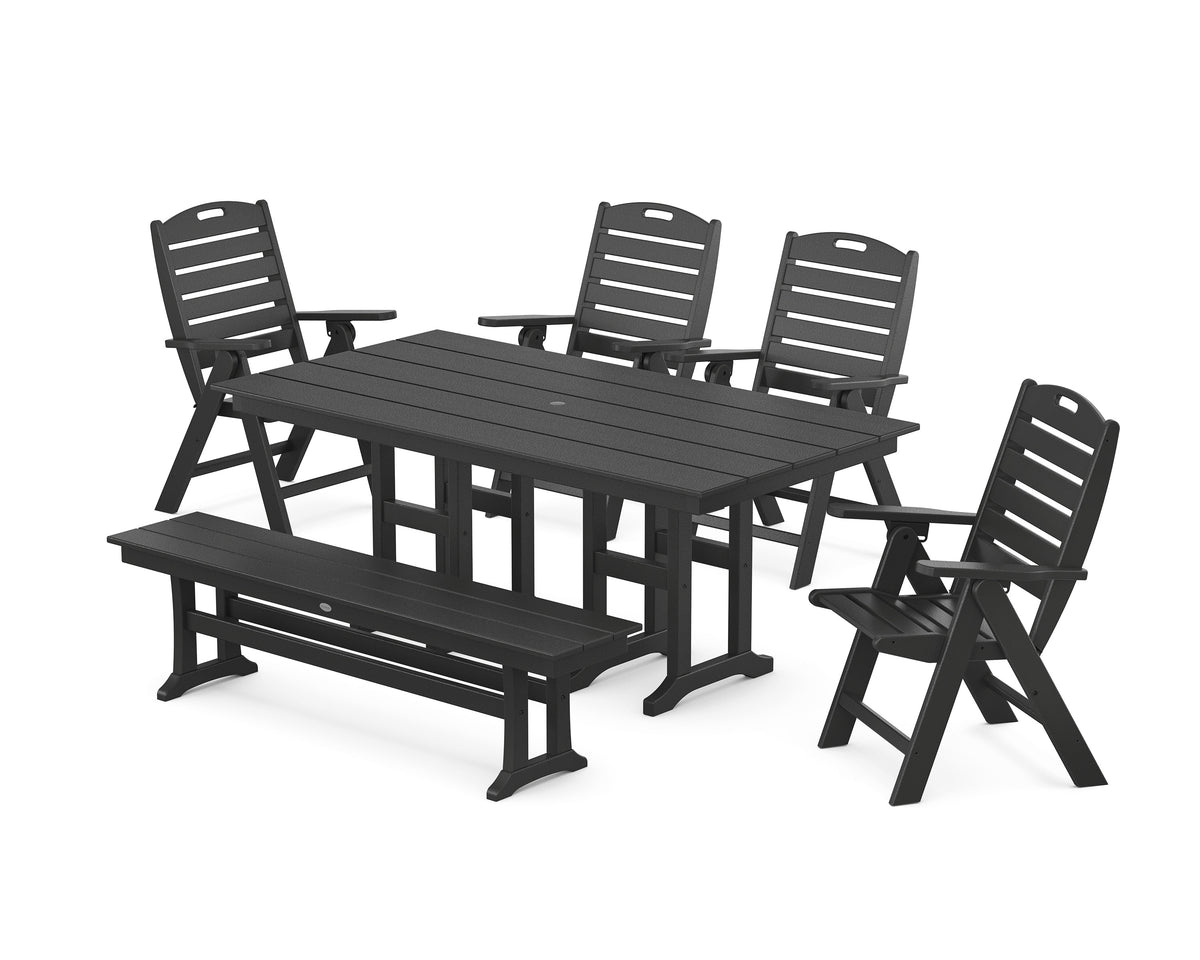 POLYWOOD Nautical Highback 6-Piece Farmhouse Dining Set with Bench in Black