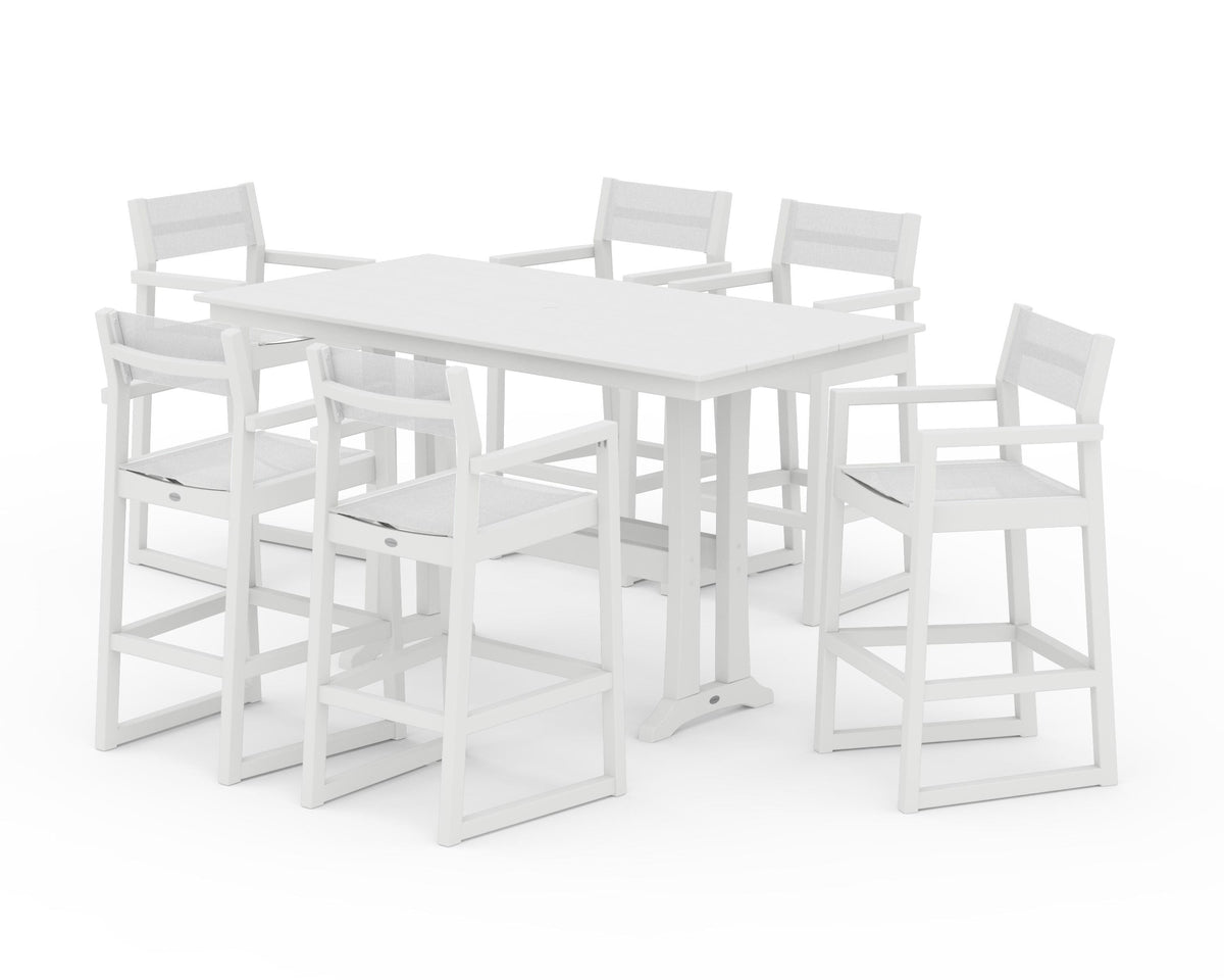 POLYWOOD EDGE Sling Arm Chair 7-Piece Farmhouse Bar Set with Trestle Legs in White / White
