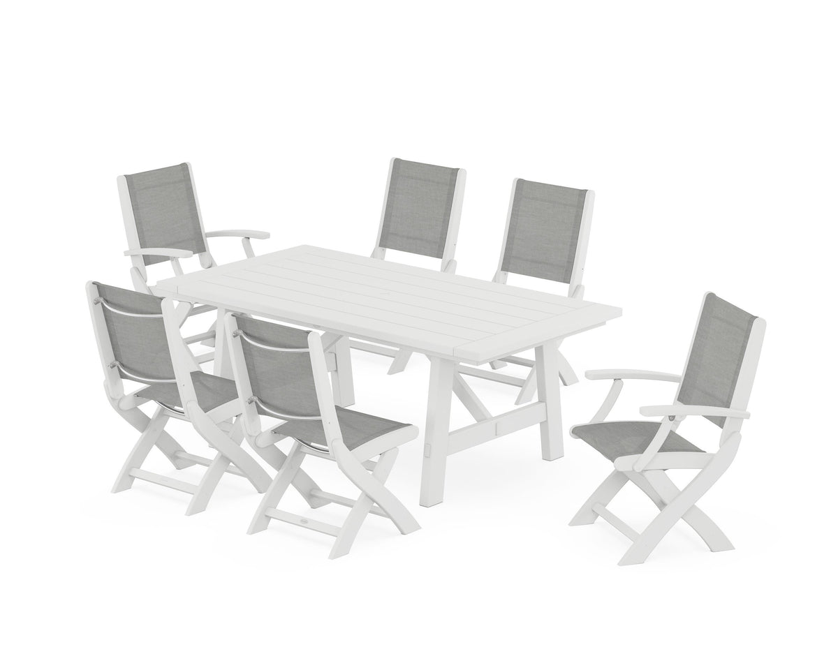 POLYWOOD Coastal Folding Chair 7-Piece Rustic Farmhouse Dining Set in White / Metallic