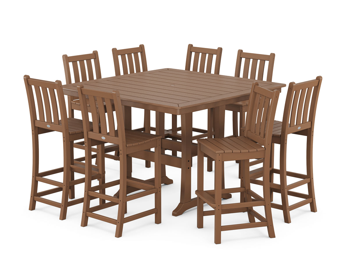POLYWOOD Traditional Garden 9-Piece Nautical Trestle Bar Set in Teak