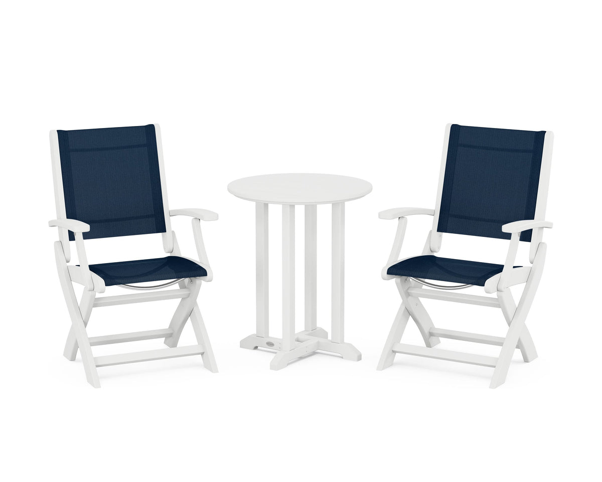 POLYWOOD Coastal Folding 3-Piece Round Bistro Dining Set in White / Navy Blue