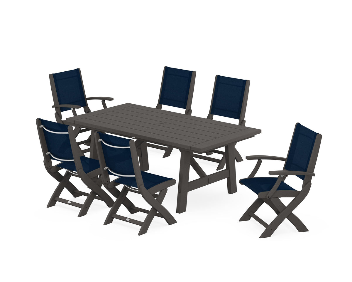 POLYWOOD Coastal Folding Chair 7-Piece Rustic Farmhouse Dining Set in Vintage Coffee / Navy Blue