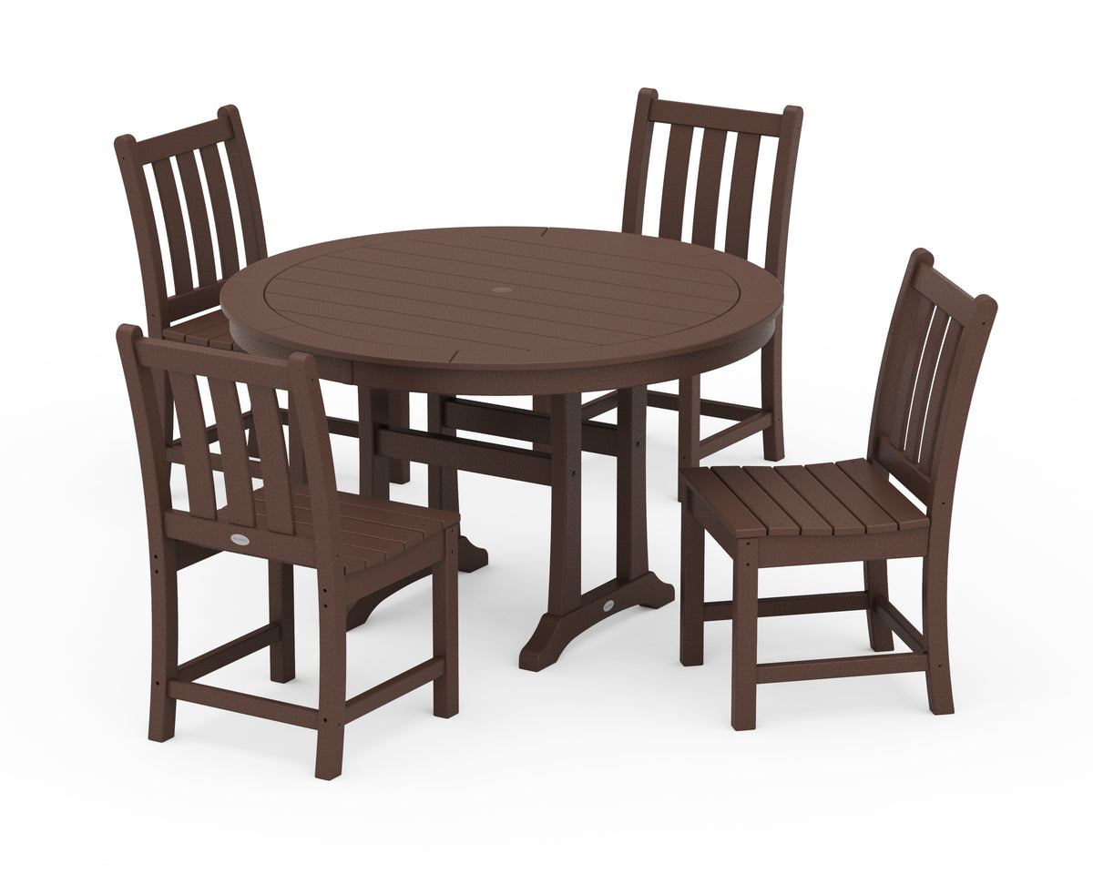 POLYWOOD Traditional Garden Side Chair 5-Piece Round Dining Set with Trestle Legs in Mahogany