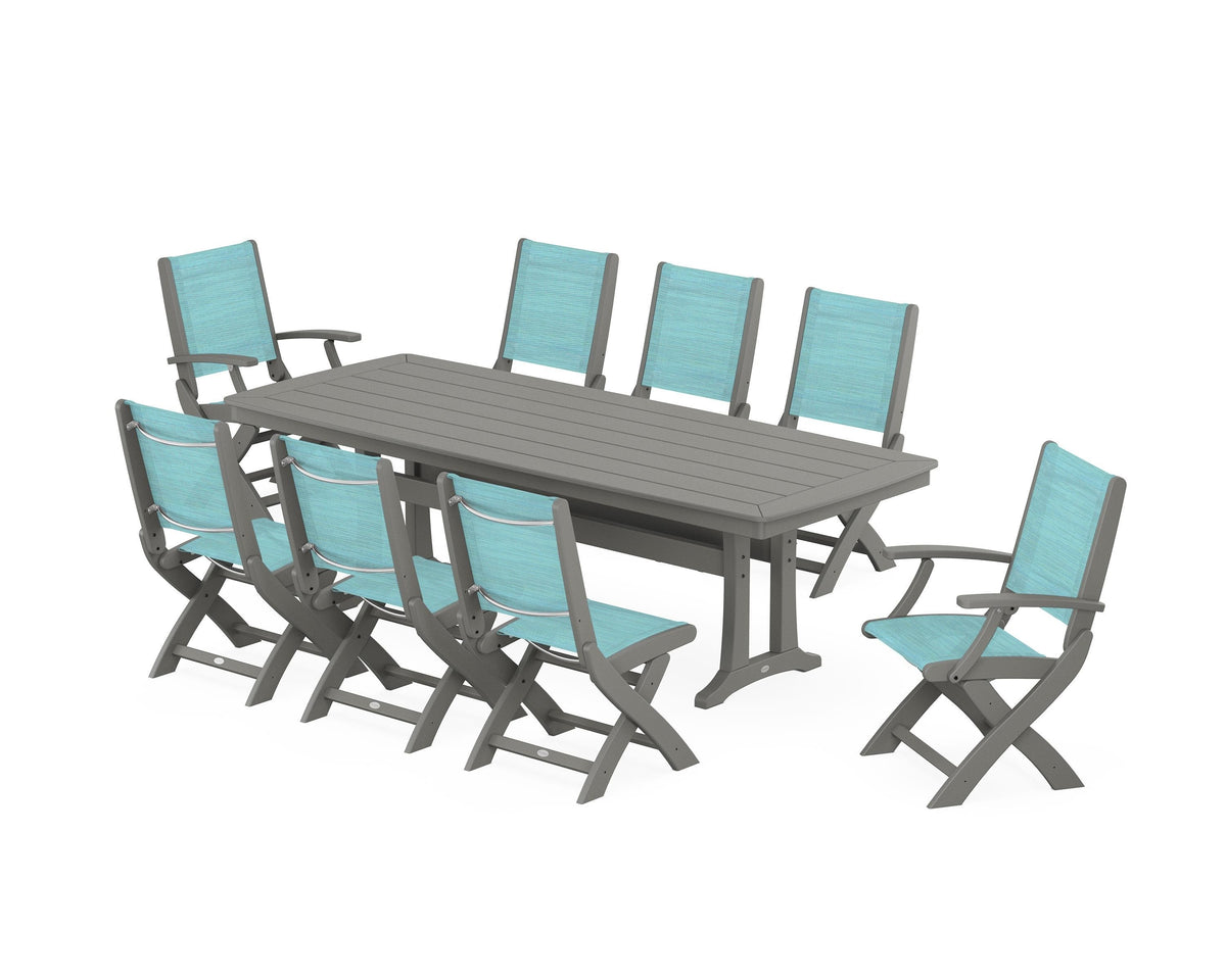 POLYWOOD Coastal Folding 9-Piece Dining Set with Trestle Legs in Slate Grey / Dupioni Aquamarine