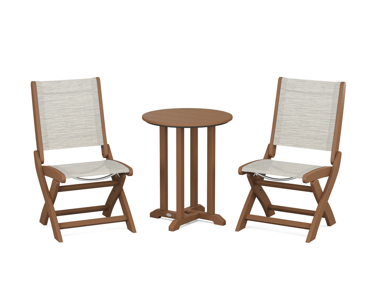 POLYWOOD Coastal Folding Side Chair 3-Piece Round Bistro Dining Set in Teak / Birch