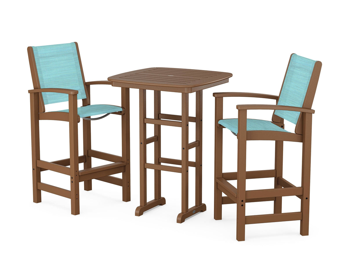 POLYWOOD Coastal 3-Piece Bar Set in Teak / Dupioni Aquamarine