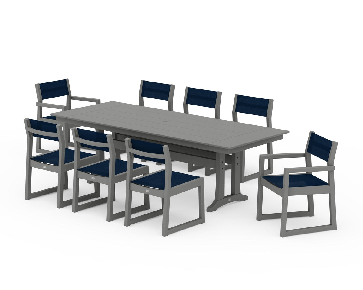 POLYWOOD EDGE Sling 9-Piece Farmhouse Trestle Dining Set in Slate Grey / Navy Blue