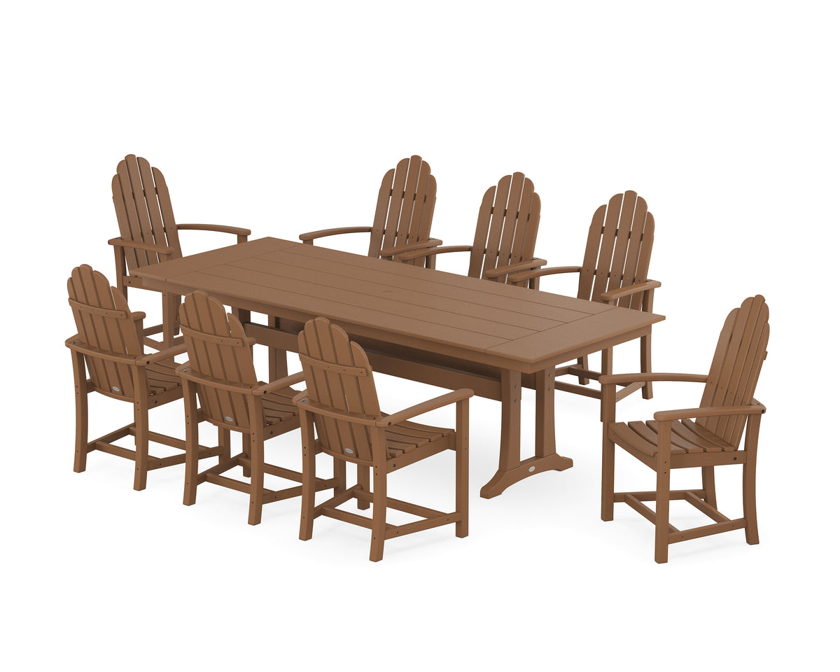 POLYWOOD Classic Adirondack 9-Piece Farmhouse Dining Set with Trestle Legs in Teak