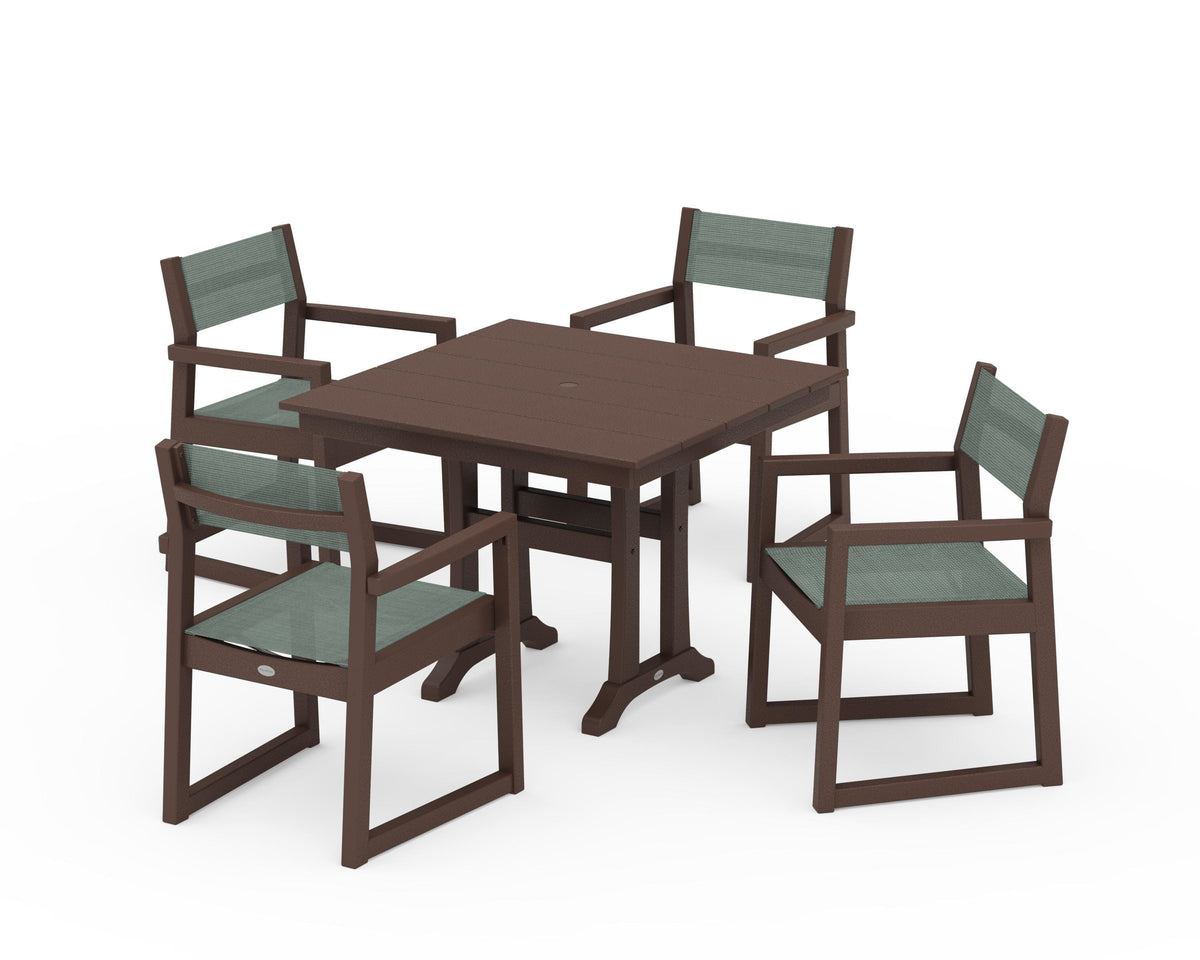 POLYWOOD EDGE Sling 5-Piece Farmhouse Dining Set with Trestle Legs in Mahogany / Dupioni Sea Mist