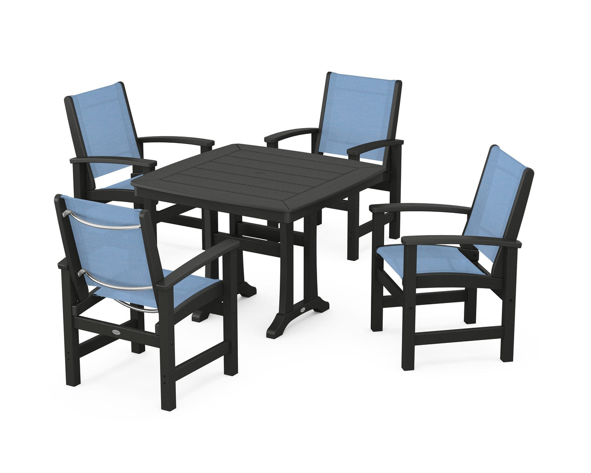 POLYWOOD Coastal 5-Piece Dining Set with Trestle Legs with Nautical Trestle 37" Dining Table in Black / Poolside