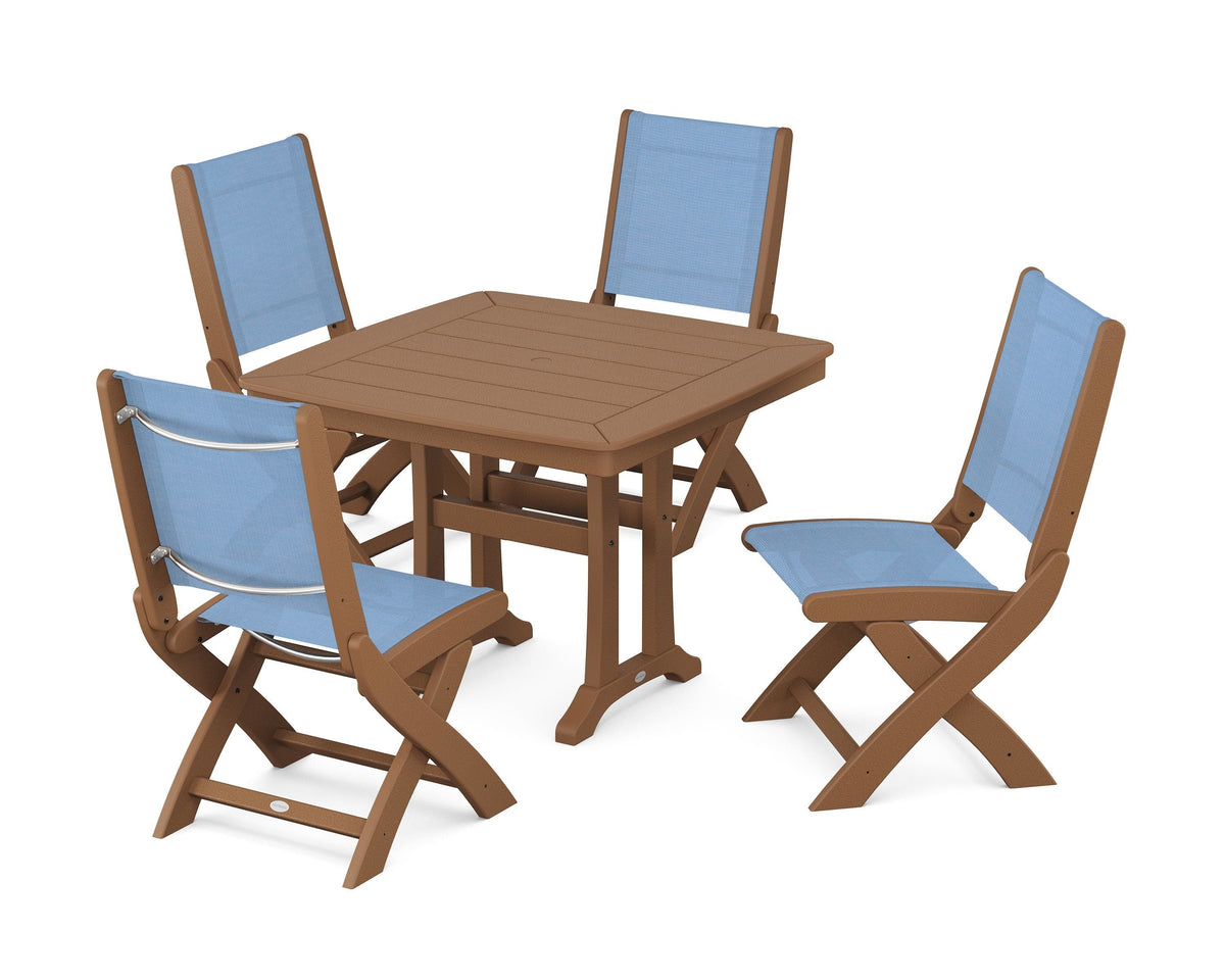 POLYWOOD Coastal Folding Side Chair 5-Piece Dining Set with Trestle Legs in Teak / Poolside